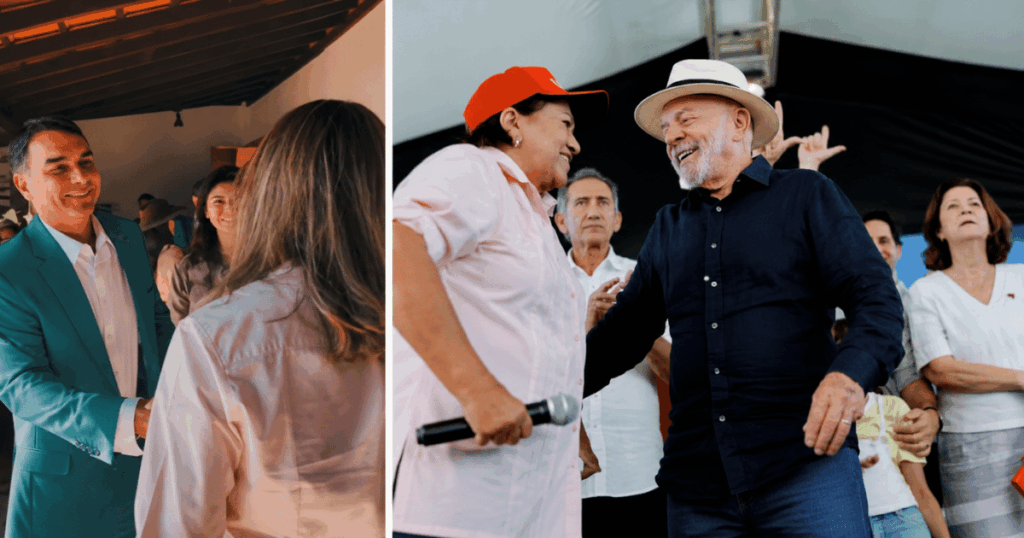 Montagem mostra Flávio Bolsonaro cumprimentando mulheres durante evento e Lula ao lado de apoiadoras em agenda pública, ilustrando a disputa pelo voto feminino na eleição presidencial de 2026.
