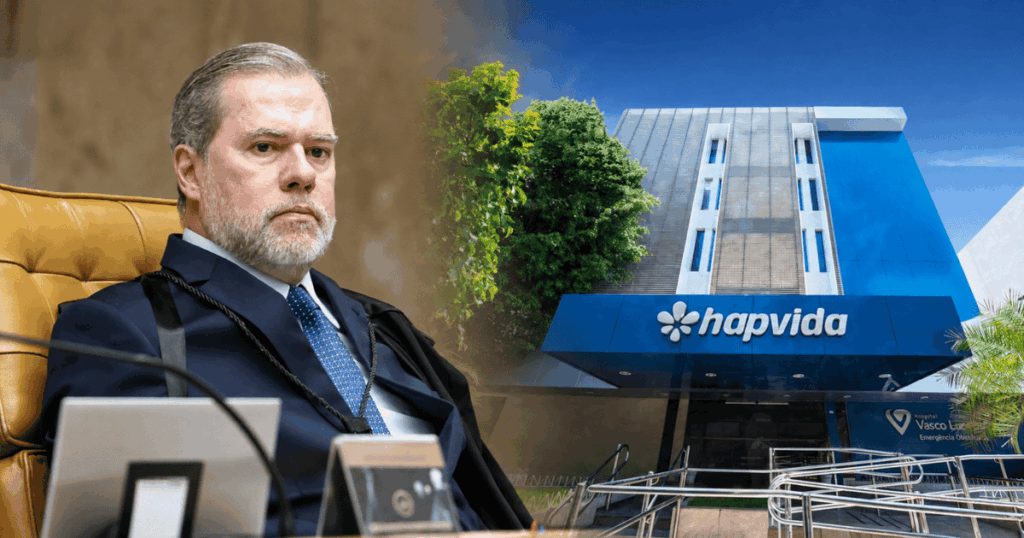 Ministro Dias Toffoli e identidade visual da Hapvida em montagem sobre decisão do STF que liberou executivo de depoimento na CPI dos Devedores.