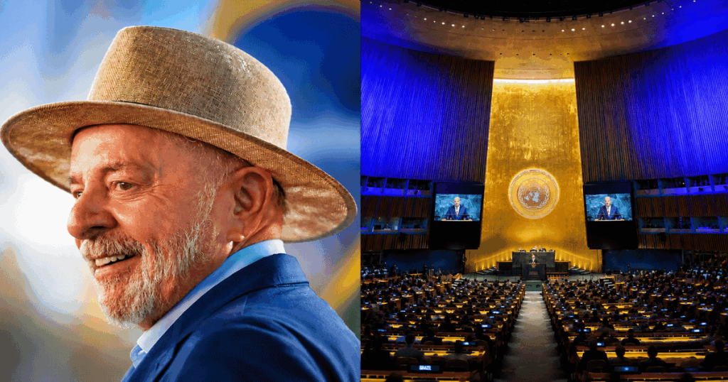 Montagem com o presidente Luiz Inácio Lula da Silva e o símbolo da ONU, ilustrando a proposta de reunir o Conselho de Segurança em meio à crise diplomática entre Brasil e Estados Unidos.