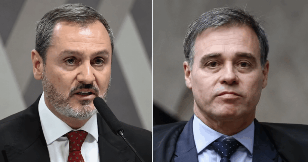 Diretor-geral da Polícia Federal, Andrei Rodrigues, e o ministro do STF André Mendonça em montagem sobre a crise institucional envolvendo a nota dos superintendentes da PF.