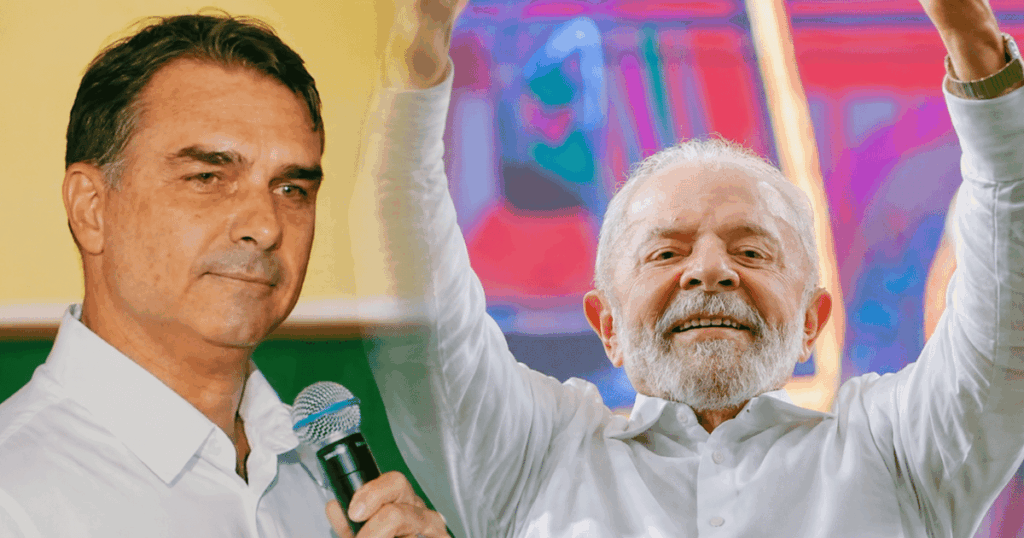 Montagem com Luiz Inácio Lula da Silva e Flávio Bolsonaro ilustrando a pesquisa BTG/Nexus sobre as intenções de voto para a eleição presidencial de 2026.