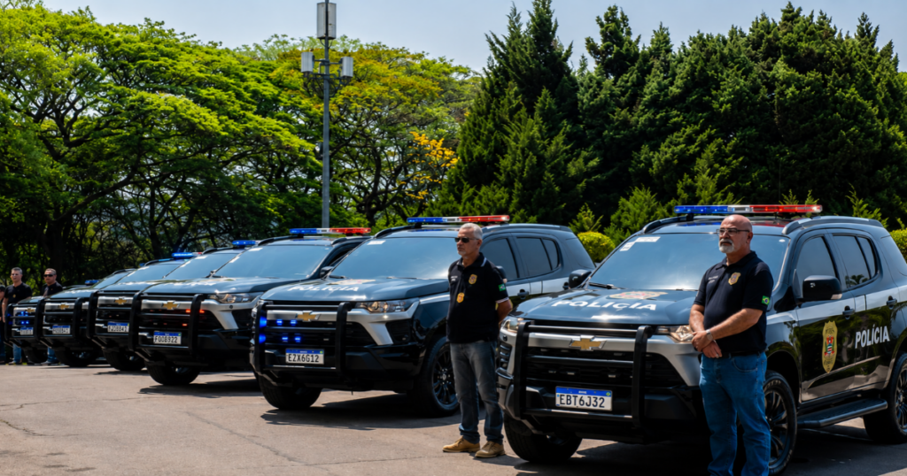 Viaturas e agentes da Polícia Civil de São Paulo durante operação policial; Operação Rastro investiga fraude em conta PJ com prejuízo de cerca de R$ 50 milhões ao Banco do Brasil.