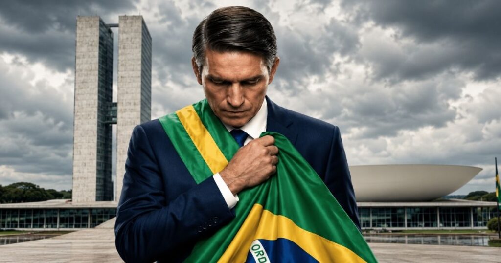 Ilustração de homem com faixa nas cores do Brasil diante do Congresso Nacional, em referência à investigação sobre repasses para Dark Horse.