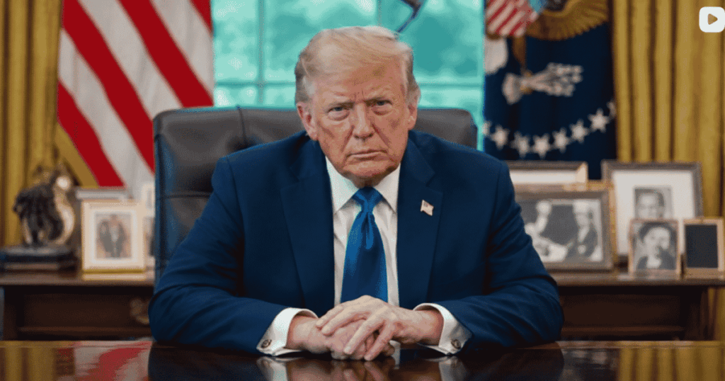 Donald Trump em ambiente oficial do governo dos EUA; presidente lançou a America.gov, portal que usa inteligência artificial.