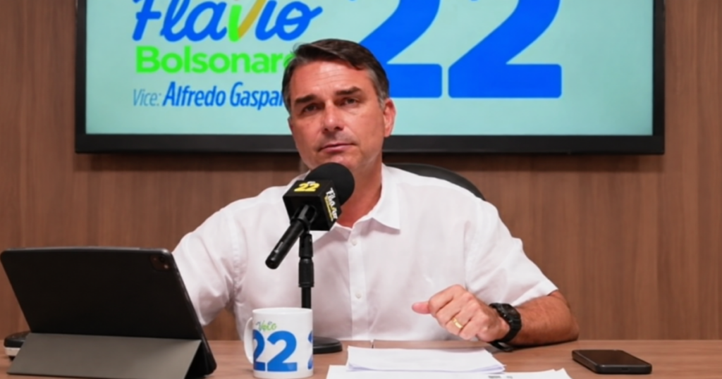 Flávio Bolsonaro durante transmissão em que anunciou recrutamento para fiscalização das urnas nas eleições de 2026.