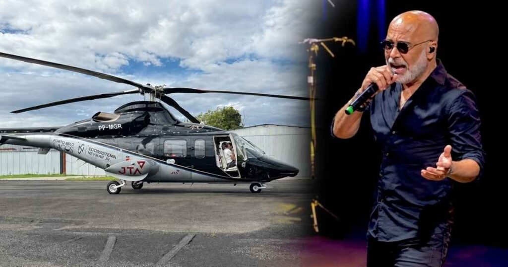 Helicóptero de Rick Sollo, modelo Bell 430, ao lado de imagem do cantor durante apresentação