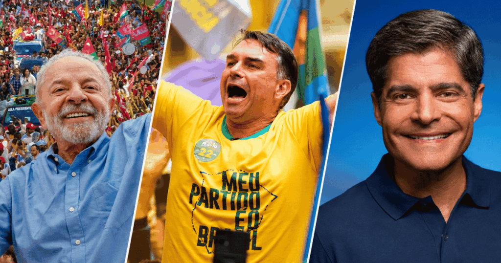 Lula, Flávio Bolsonaro e ACM Neto em montagem sobre as acusações citadas durante comício em Salvador