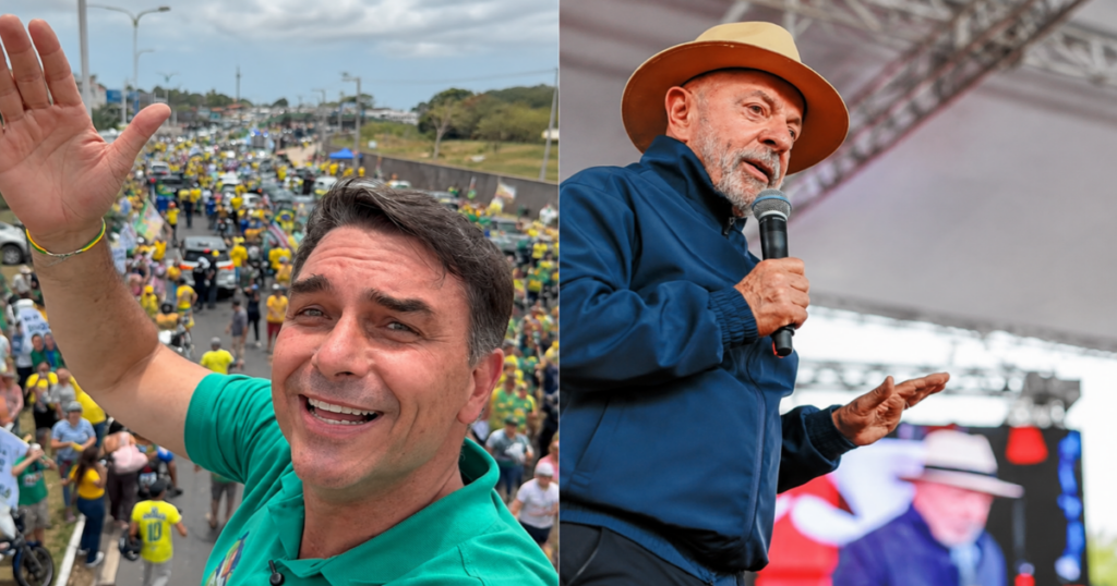 Montagem mostra Lula e Flávio Bolsonaro durante atos públicos em meio à divulgação da pesquisa eleitoral Quaest.
