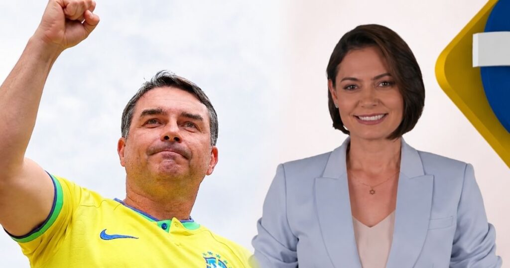 Michelle Bolsonaro e Flávio Bolsonaro em montagem sobre o ato na Avenida Paulista