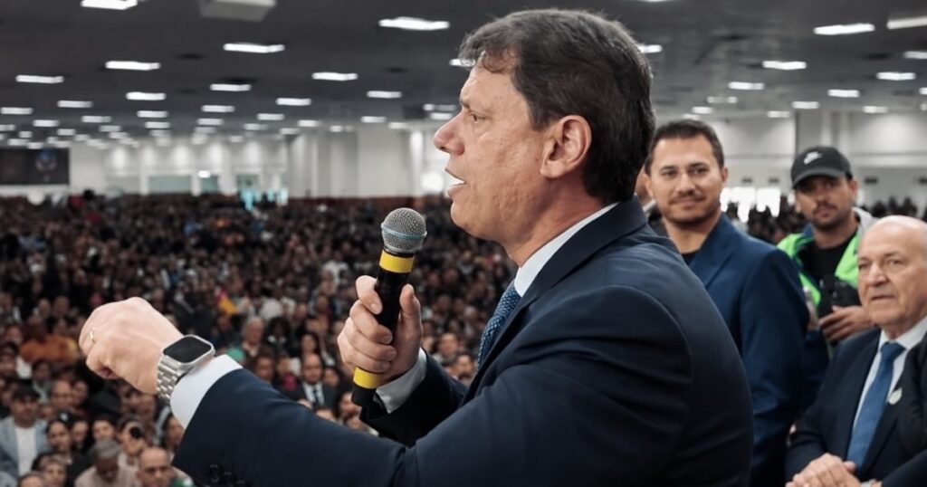 Tarcísio de Freitas fala ao público durante encontro na Igreja Mundial do Poder de Deus, no Brás, em São Paulo