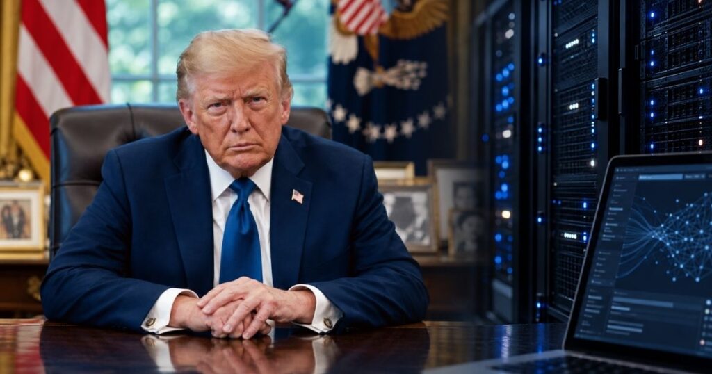 Montagem de Donald Trump à esquerda e servidores com um notebook exibindo uma rede digital à direita.