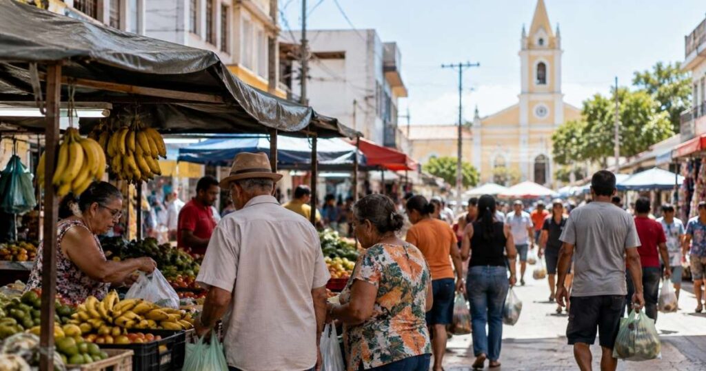 Imagem ilustrativa de uma feira popular com consumidores e comerciantes, representando a importância dos benefícios sociais no Ceará para a economia do interior.