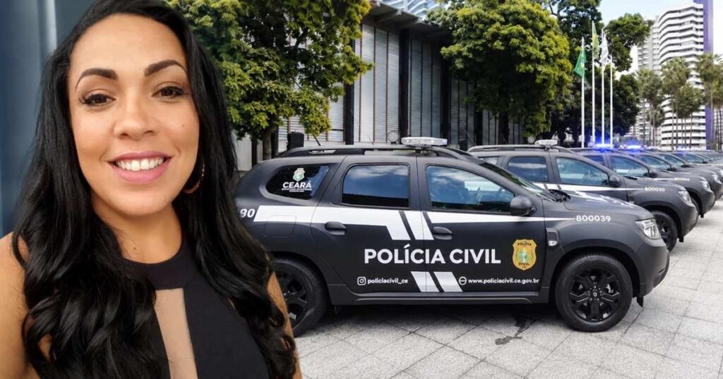 Montagem ilustrativa com imagem da mulher conhecida como Bibi Perigosa e viaturas da Polícia Civil do Ceará, em referência à investigação sobre expulsão de moradores em Fortaleza.