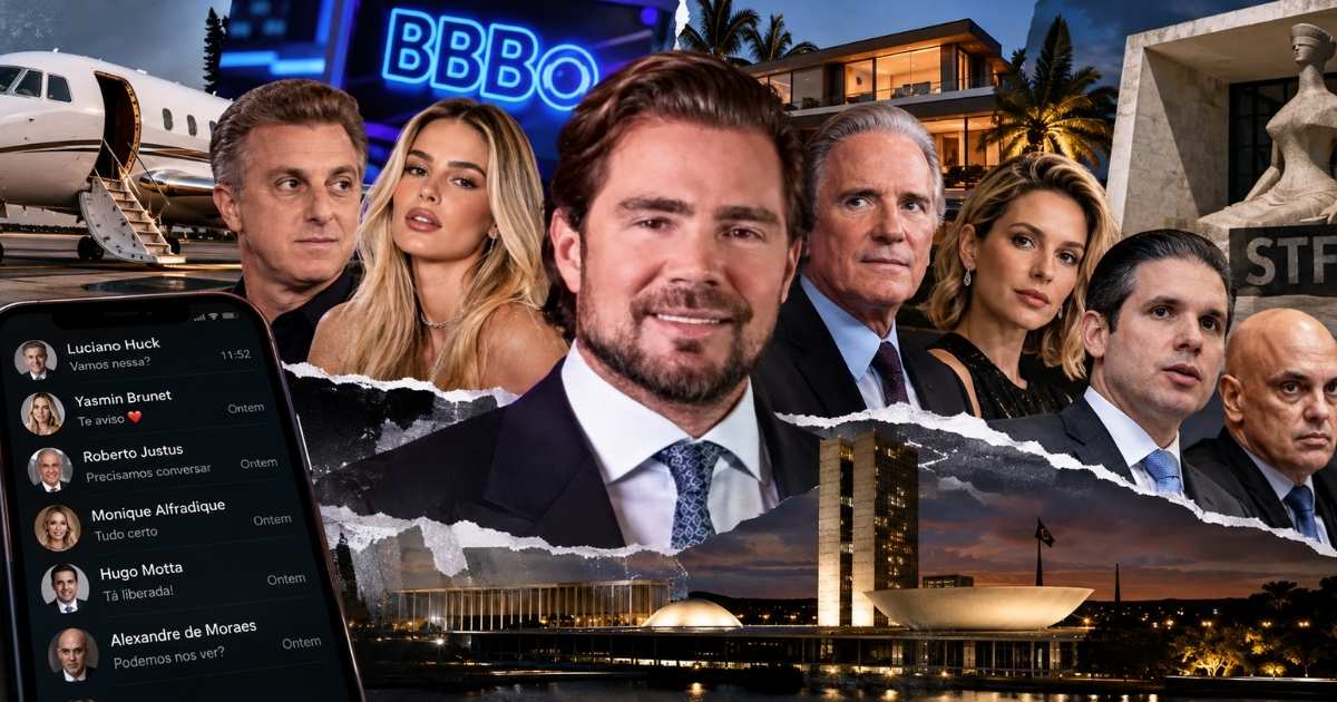Montagem ilustrativa sobre Daniel Vorcaro e relações reveladas em mensagens com famosos, empresários e autoridades.