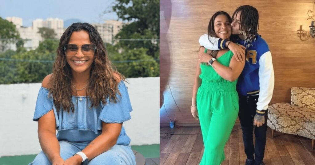 Montagem mostra Márcia Gama, mãe de Oruam, em retrato individual e abraçada ao rapper, após notícia de sua prisão pela Polícia Federal.