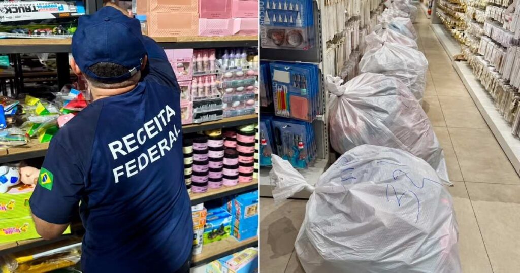 Agente da Receita Federal durante fiscalização em loja com sacos de mercadorias apreendidas em Fortaleza