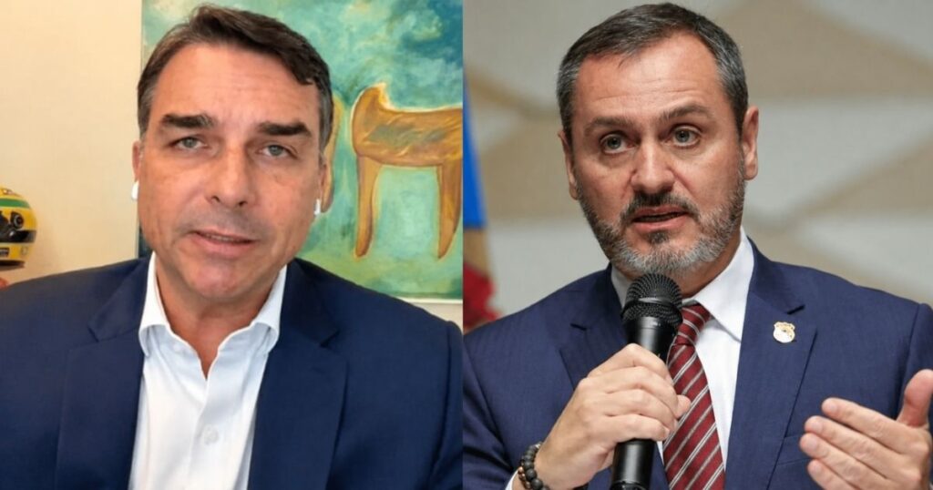 Flávio Bolsonaro, candidato à Presidência pelo PL, e Andrei Rodrigues, diretor-geral da PF, aparecem lado a lado em montagem fotográfica.