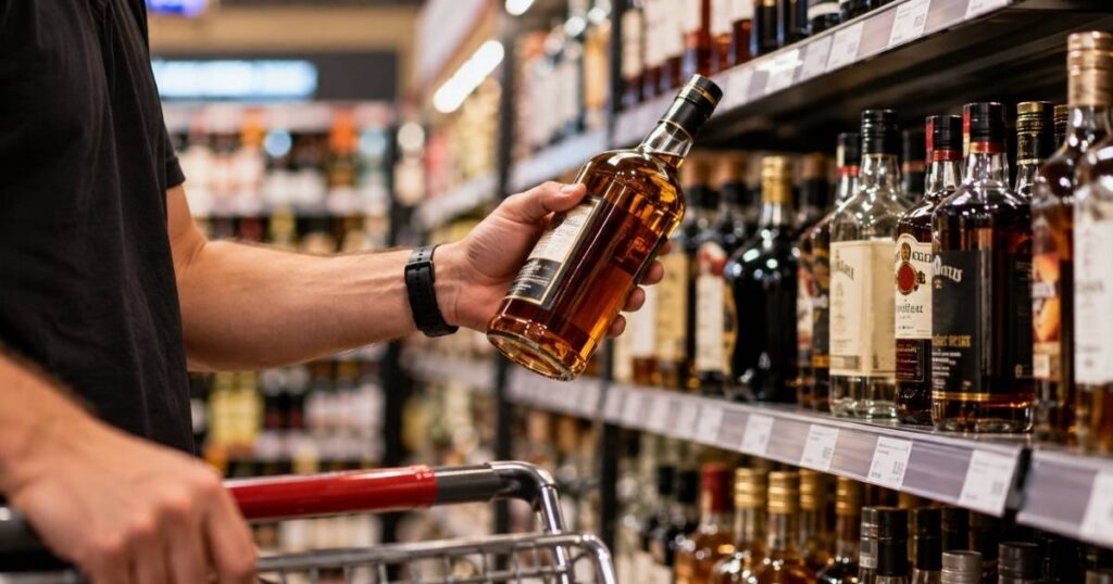 Consumidor observa garrafa de bebida alcoólica em supermercado, representando os produtos sujeitos ao imposto do pecado previsto para 2027.