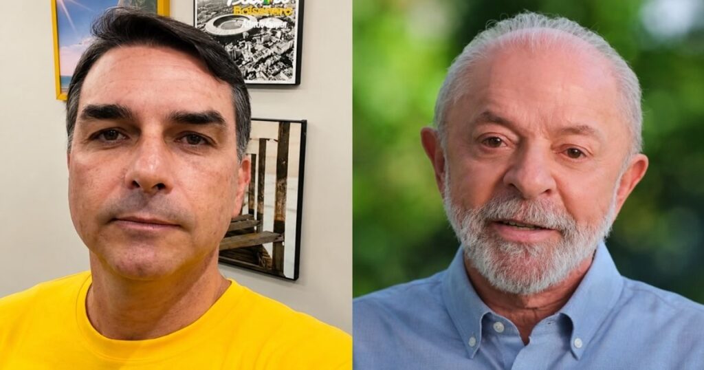 Montagem com Flávio Bolsonaro e Lula em imagens lado a lado, ilustrando a discussão sobre a abertura de sigilos bancários, fiscais e telefônicos no TSE.