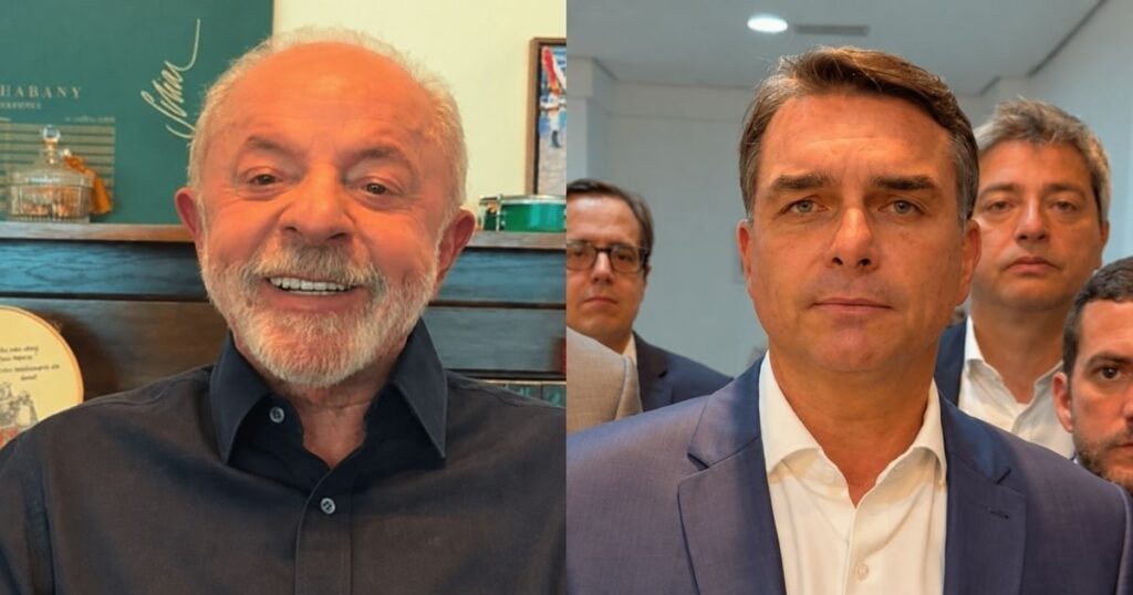 Montagem com Lula à esquerda e Flávio Bolsonaro à direita ilustra ação contra Lula apresentada pela campanha do senador ao TSE.
