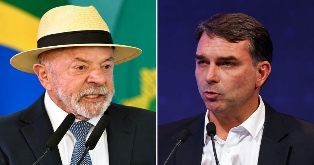 Lula e Flávio Bolsonaro aparecem lado a lado em montagem fotográfica sobre a disputa presidencial de 2026, marcada por diferenças entre popularidade digital e intenção de voto.