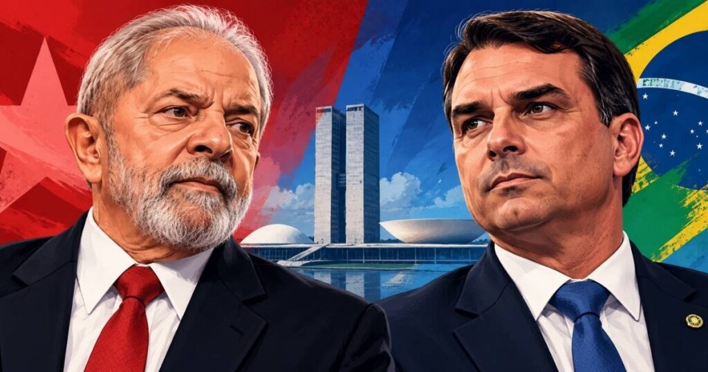 Ilustração de Lula e Flávio Bolsonaro lado a lado, com o Congresso Nacional ao fundo, representando a pesquisa Datafolha para o segundo turno de 2026.