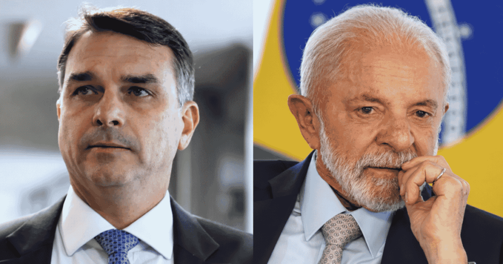 Lula e Flávio Bolsonaro em montagem sobre pesquisa Datafolha antes do primeiro turno das eleições de 2026