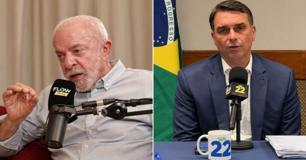 Lula no Flow e Flávio Bolsonaro em transmissão após cancelamento do debate da Globo