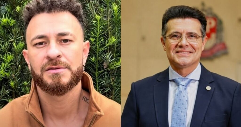Montagem com o apresentador Fred Bruno à esquerda e o deputado estadual Marcelo Aguiar à direita, envolvidos em caso investigado pela Polícia Civil de São Paulo.