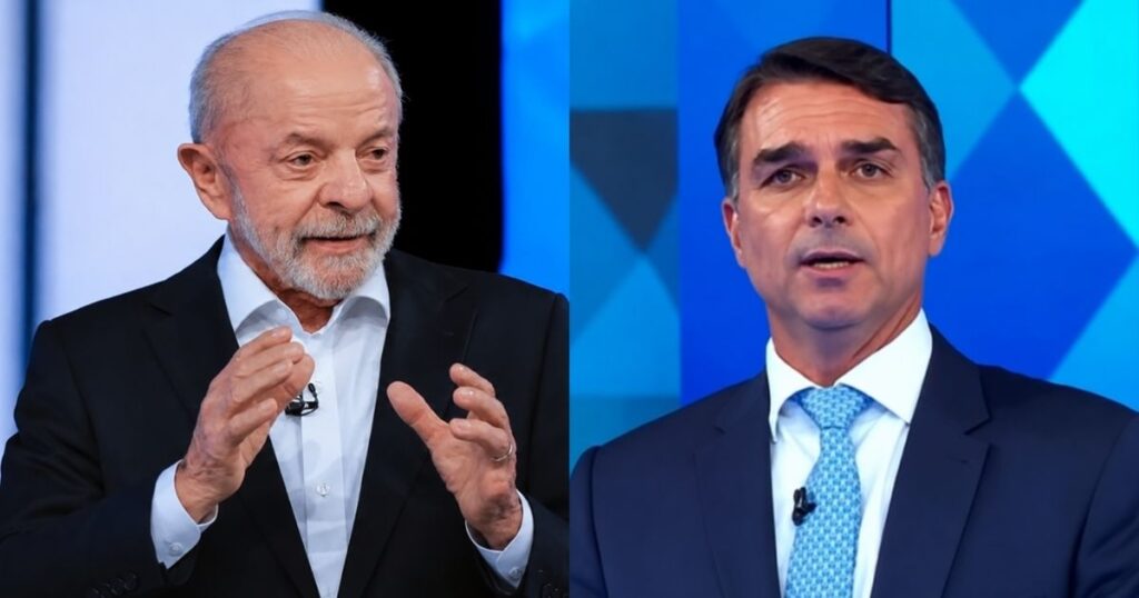 Montagem com Luiz Inácio Lula da Silva à esquerda e Flávio Bolsonaro à direita, ilustrando a pesquisa Gerp para o segundo turno presidencial de 2026.