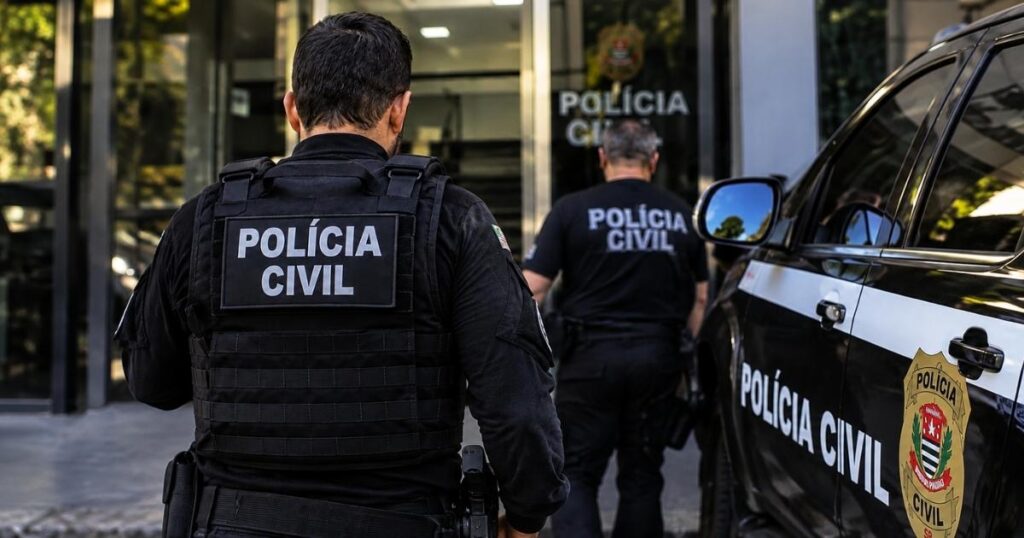 Imagem ilustrativa de agentes da Polícia Civil de São Paulo próximos a uma viatura, representando a operação contra bets ilegais.