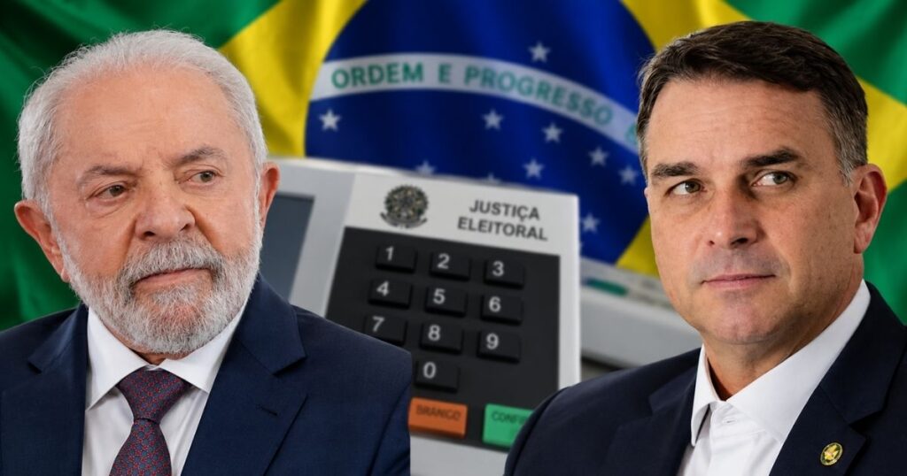Montagem de Lula e Flávio Bolsonaro com urna eletrônica e bandeira do Brasil ao fundo, representando o segundo turno das eleições de 2026.