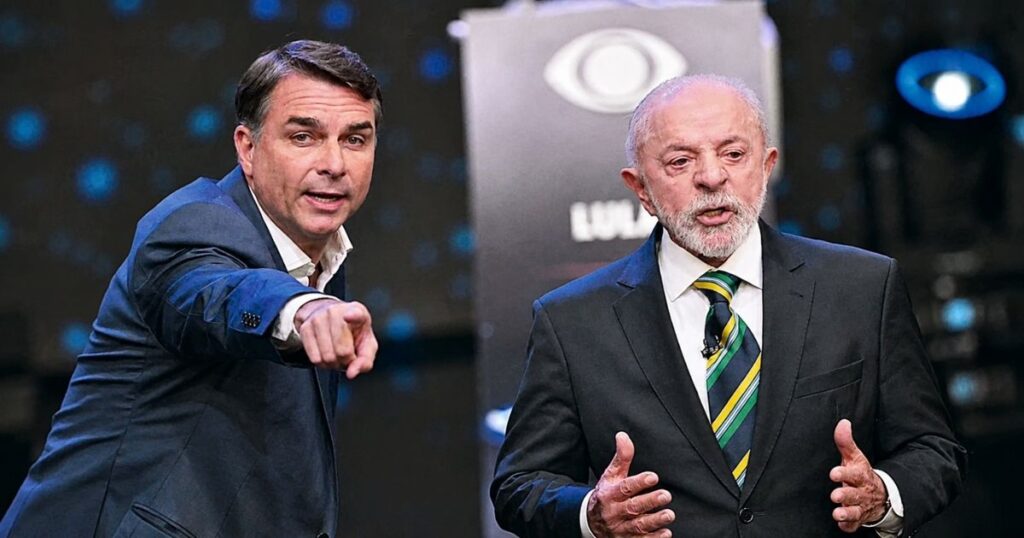 Flávio Bolsonaro e Lula aparecem lado a lado em imagem ilustrativa relacionada à pesquisa Real Time Big Data para o segundo turno de 2026.
