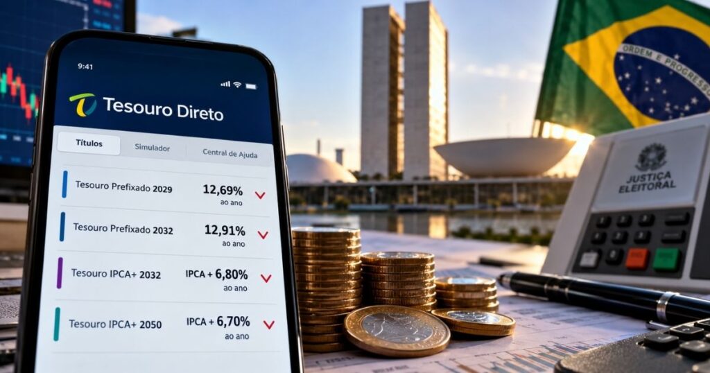 Imagem ilustrativa do Tesouro Direto com taxas de títulos prefixados e IPCA+, moedas, Congresso Nacional e urna eletrônica ao fundo.
