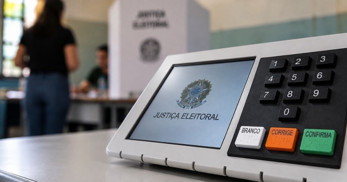 Urna eletrônica brasileira em seção eleitoral representa disputa sobre pesquisa eleitoral em Pernambuco antes do primeiro turno