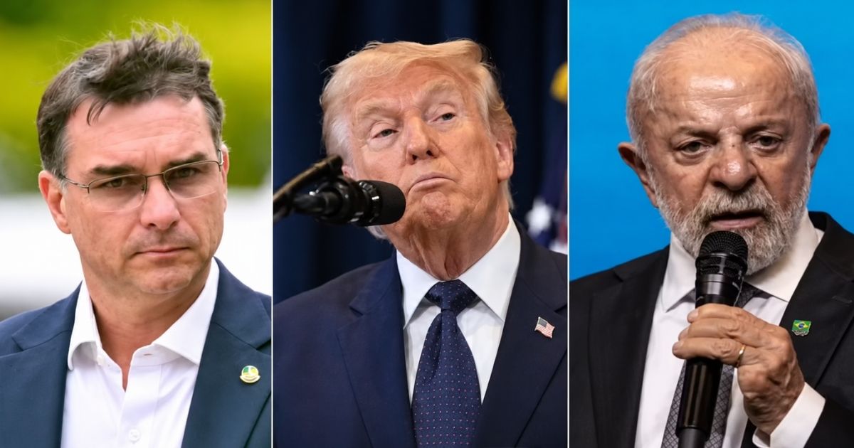 Donald Trump entre Flávio Bolsonaro e Lula em montagem sobre a eleição presidencial do Brasil