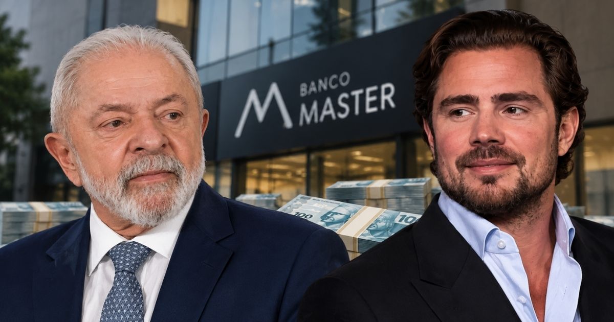 Montagem ilustrativa de Lula e Daniel Vorcaro com fachada do Banco Master e notas de R$ 100 ao fundo.